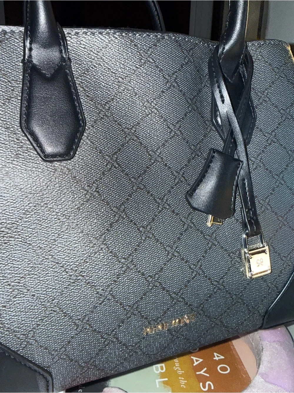 Nine West Black Quilted Satchel with Gold Accent